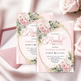 Modern Powder Pink Flowers Gold Bridal Shower Einladung