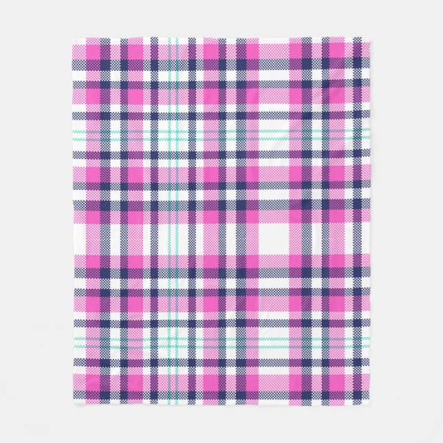 Modern Preppy Pink Navy White Girl Tartan Muster Fleecedecke (Vorderseite)