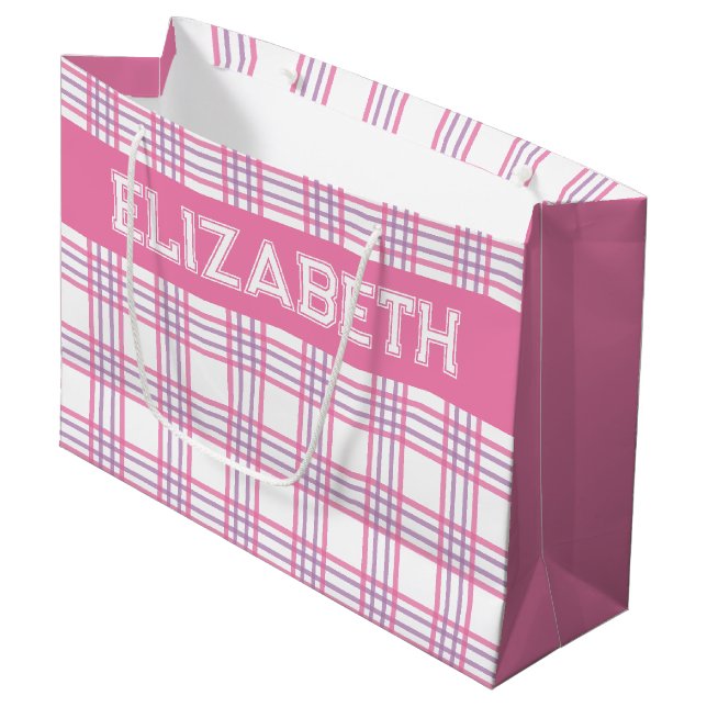 Modern Preppy Plaid Pink Purple Pattern Große Geschenktüte (Vorderseite Schrägansicht)
