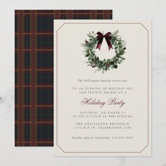 Modern Preppy Plaid Wreath Christmas Party Einladung (Vorne/Hinten)