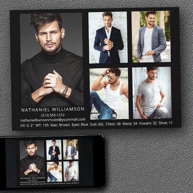 Modern Pro Model 5 Foto Comp Card Einladung (Customize to change background color, text size, style or to add more photos to back of card.)