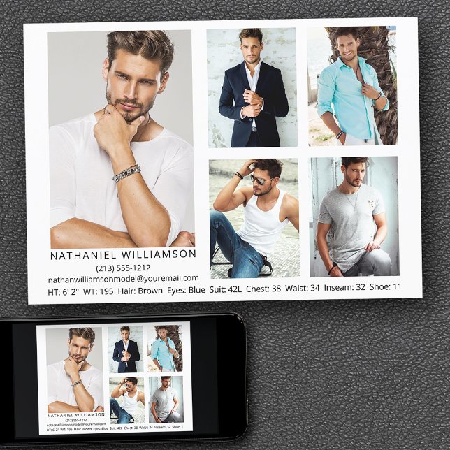 Modern Pro Model 5 Fotos Comp Card Einladung (Customize to change background color, text size, style or to add more photos to back of card.)