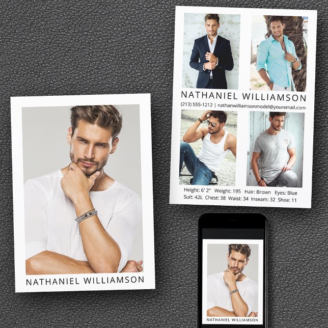 Modern Pro Model 5 Fotos Comp Card Einladung (Customize to change background color, text size or text style. Available for prints and download.)