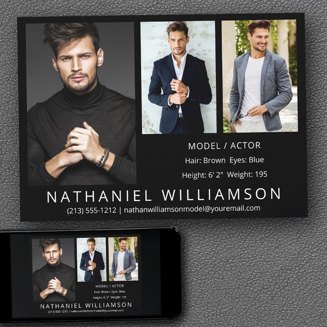 Modern Pro Model Actor 3 Foto Comp Card Einladung (Customize to change background color, text size, style or to add more photos to back of card.)