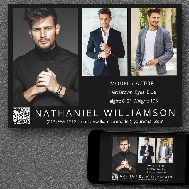 Modern Pro Model Actor 3 Foto QR Code Comp Card Einladung (Customize to change background color, text size, style or to add more photos to back of card.)