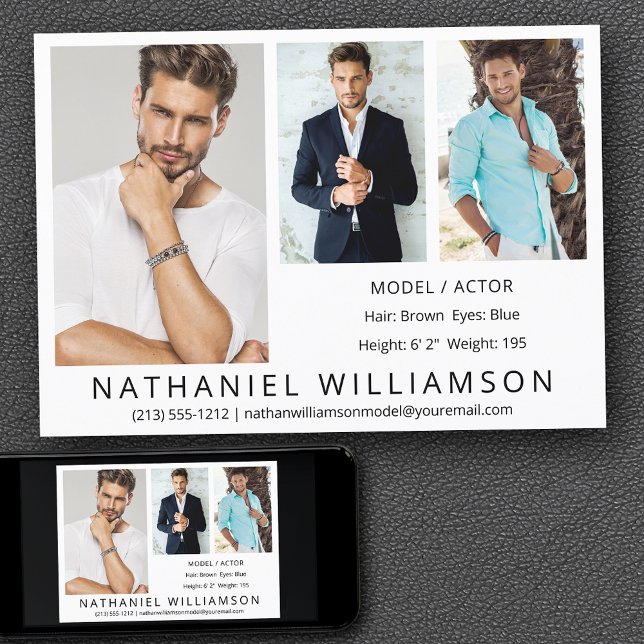 Modern Pro Model Actor 3 Fotos Comp Card Einladung (Customize to change background color, text size, style or to add more photos to back of card.)