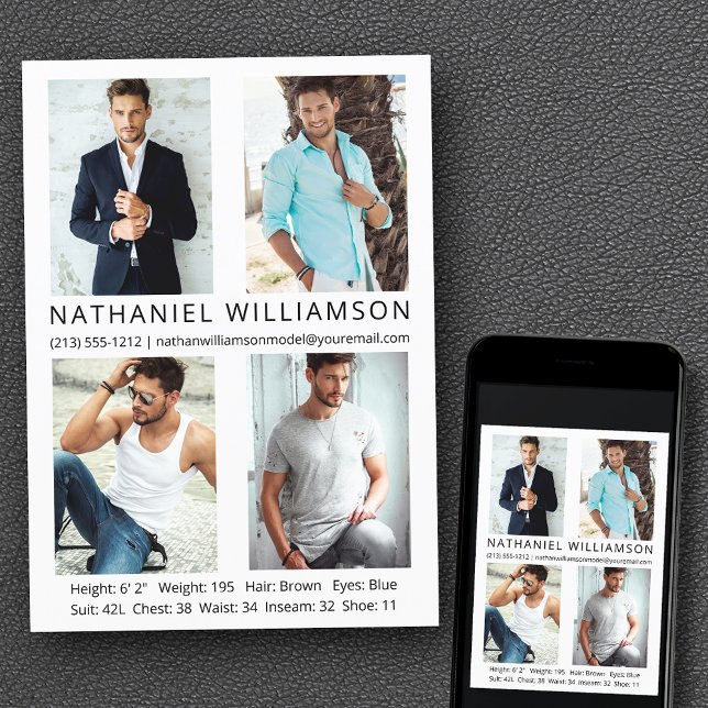 Modern Pro Model Actor 4 Fotos Comp Card Einladung (Customize to change background color, text size, style or to add more photos to back of card.)