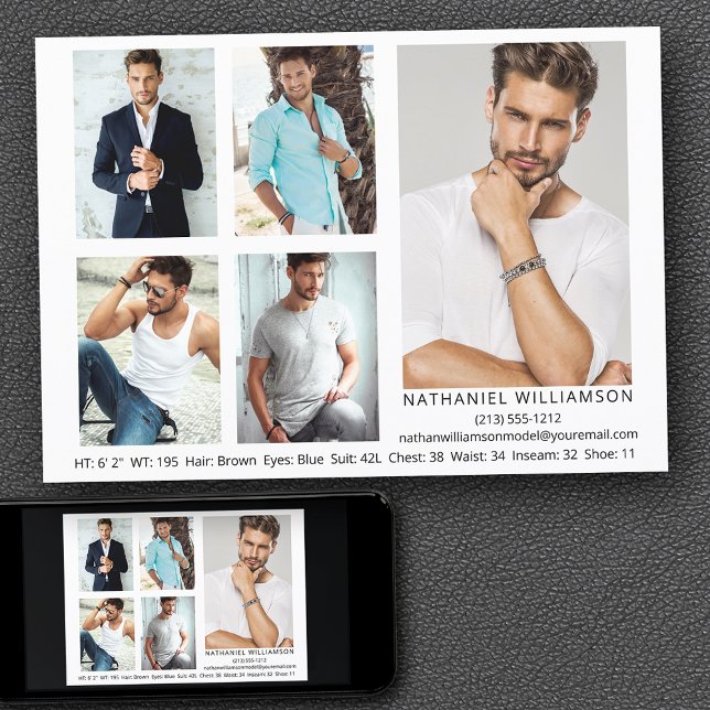 Modern Pro Model Actor 5 Fotos Comp Card Einladung (Customize to change background color, text size, style or to add more photos to back of card.)