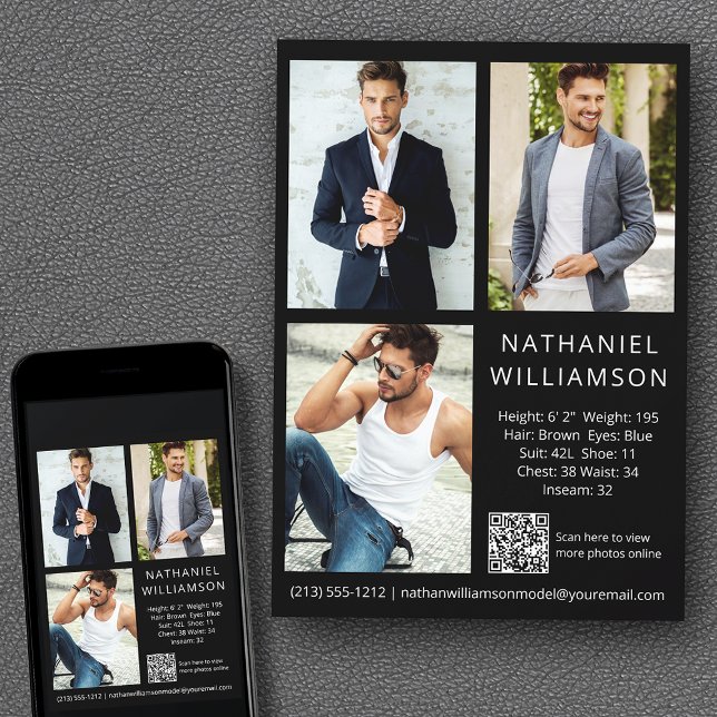 Modern Pro Model Actor QR Code 3 Foto Comp Card Einladung (Customize to change background color, text size, style or to add more photos to back of card.)