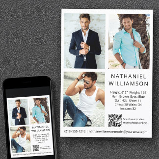 Modern Pro Model Actor QR Code 3 Fotos Comp Card Einladung