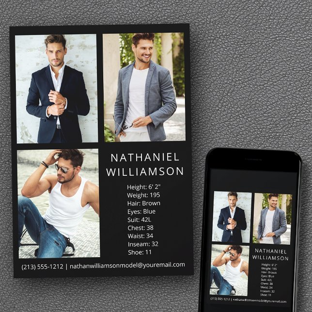 Modern Pro Model and Schauspieler 3 Foto Comp Card Einladung (Customize to change background color, text size, style or to add more photos to back of card.)