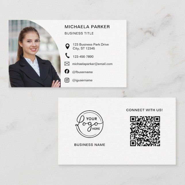 Modern Professional Photo QR Code Social Media Visitenkarte (Vorne/Hinten)