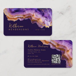 Modern Purple Agate & gold glitter marble QR Code Visitenkarte