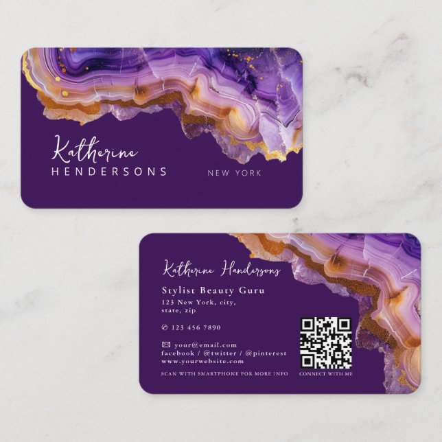 Modern Purple Agate & gold glitter marble QR Code Visitenkarte (Vorne/Hinten)