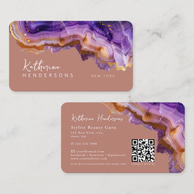 Modern Purple Agate & gold glitter marble QR Code Visitenkarte (Vorne/Hinten)