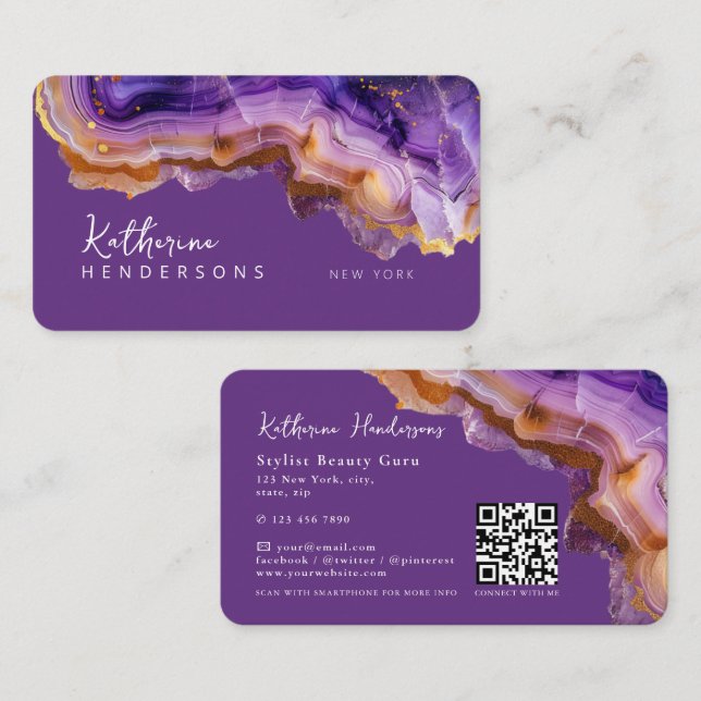 Modern Purple Agate & gold glitter marble QR Code Visitenkarte (Vorne/Hinten)