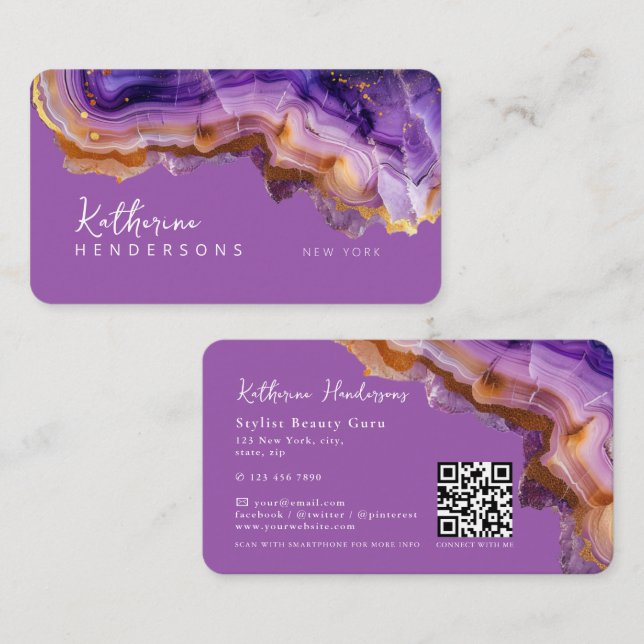 Modern Purple Agate & gold glitter marble QR Code Visitenkarte (Vorne/Hinten)