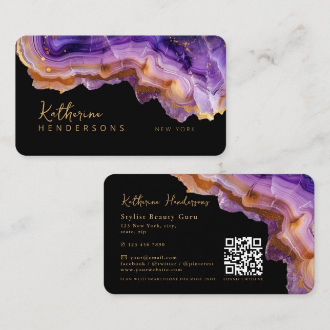 Modern Purple Agate & gold glitter marble QR Code Visitenkarte (Vorne/Hinten)