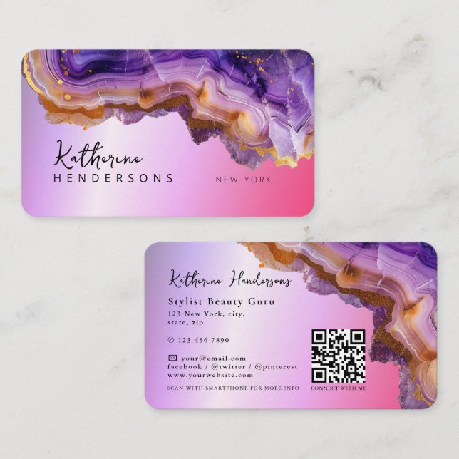 Modern Purple Agate & gold glitter marble QR Code Visitenkarte (Vorne/Hinten)