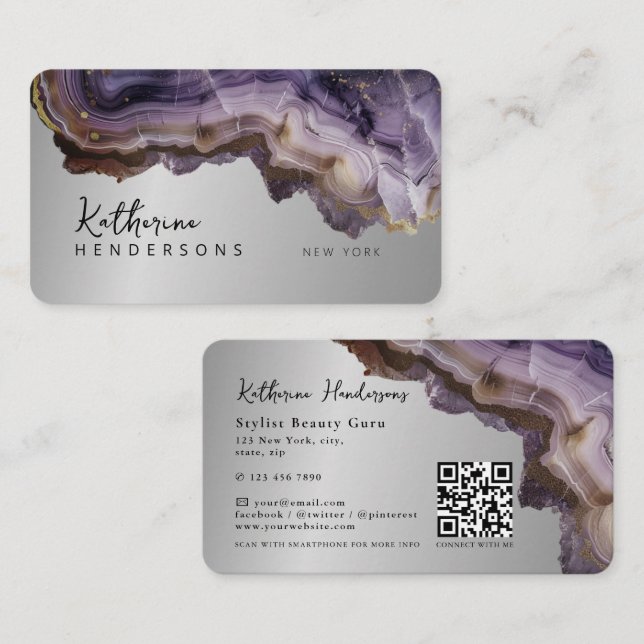 Modern Purple Agate & gold glitter marble QR Code Visitenkarte (Vorne/Hinten)