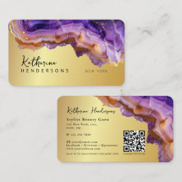 Modern Purple Agate & gold glitter marble QR Code Visitenkarte