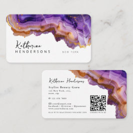 Modern Purple Agate & gold glitter marble QR Code Visitenkarte