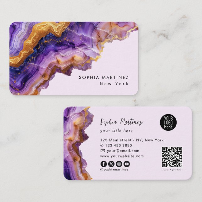 Modern Purple Agate gold marble & QR Code Logo Visitenkarte (Vorne/Hinten)