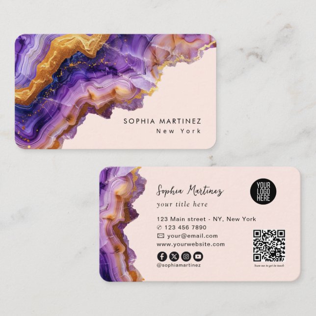 Modern Purple Agate gold marble & QR Code Logo Visitenkarte (Vorne/Hinten)