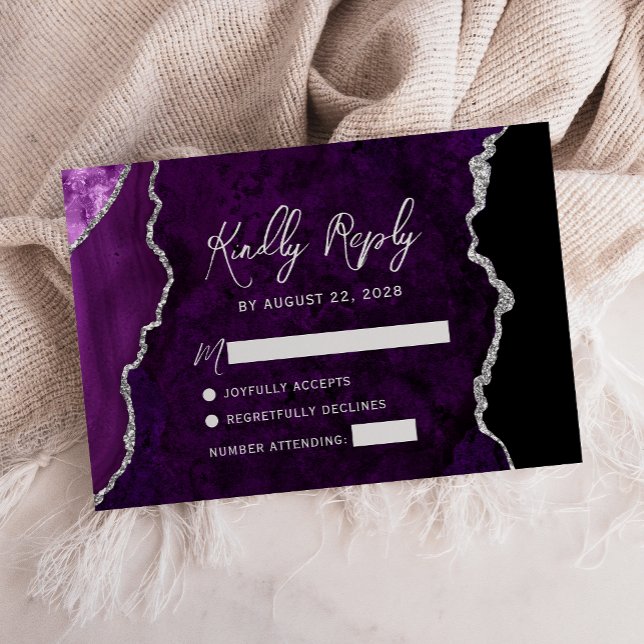 Modern Purple Agate Silver Script Wedding RSVP Karte (Von Creator hochgeladen)