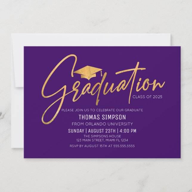 Modern purple and gold Graduation Invitation Einladung (Vorderseite)