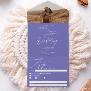 Modern purple blue photo chic calligraphy wedding all in one einladung