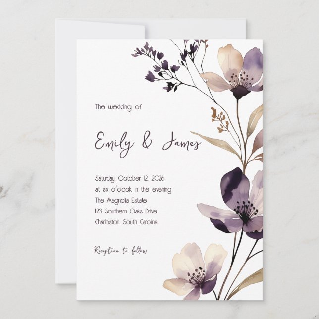Modern Purple Floral Wedding Einladung (Vorderseite)