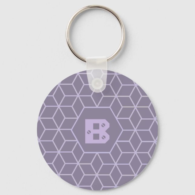 Modern Purple Geometric Cubes Pattern Monogram Schlüsselanhänger (Vorderseite)