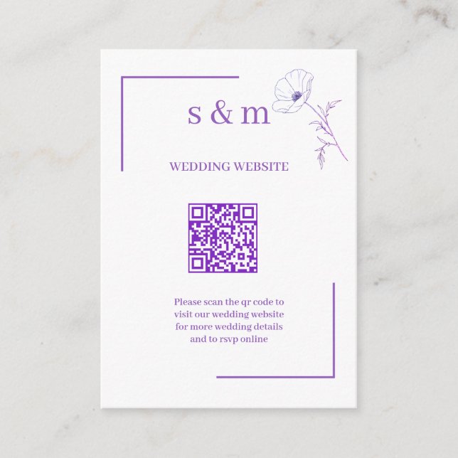 Modern Purple Line Art Flo QR Code Wedding Website Begleitkarte (Vorderseite)