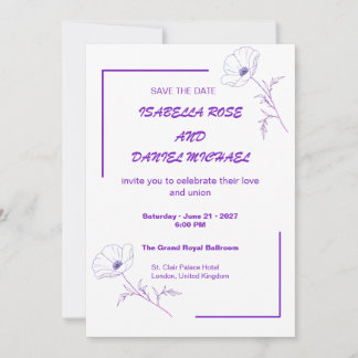 Modern Purple Line Art  Save the Date Wedding Card