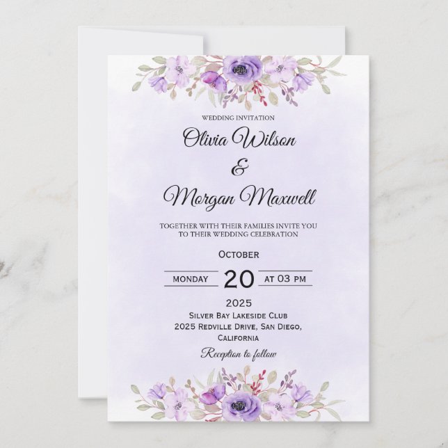 Modern Purple Minimalist Floral Wedding Invitation Einladung (Vorderseite)