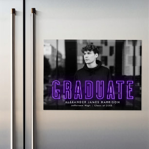 Modern Purple Neon Photo Graduation Announcement Magneteinladung