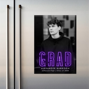 Modern Purple Neon Vertical Photo Graduation Magneteinladung