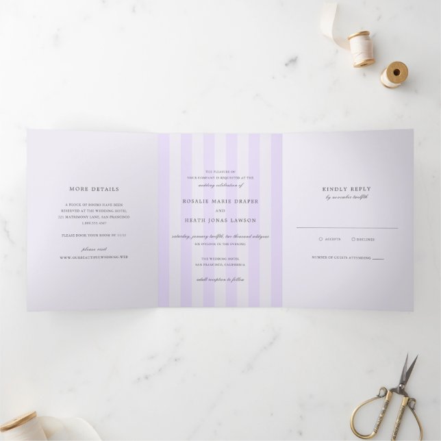 Modern Purple Stripes Elegant Wedding Dreifach Gefaltete Einladung (Innenseite)