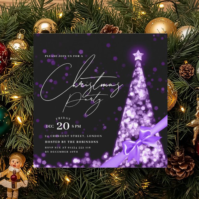 MODERN Purple Winter Christmas Tree Bow Party  Einladung (MODERN Purple Winter Christmas Tree Bow Party Invitation)