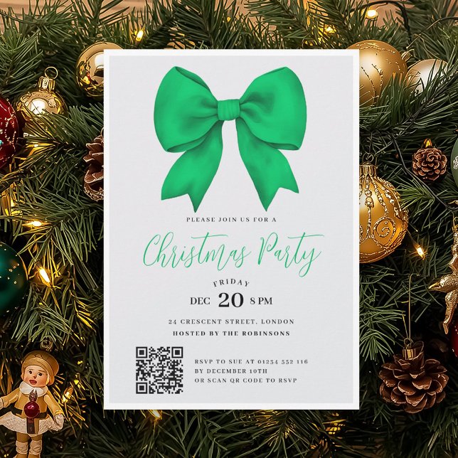 Modern QR Green Holiday Bow Christmas Party Einladung (Von Creator hochgeladen)