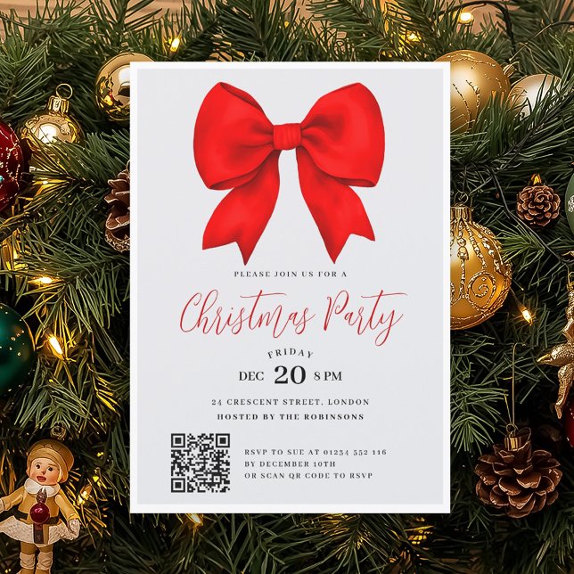 Modern QR Red Holiday Bow Christmas Party Einladung (Modern QR Red Holiday Bow Christmas Party Invitation)