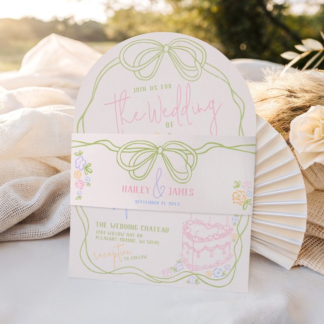 Modern quirky hand drawn bow PASTEL retro wedding Einladungsbanderole (Modern quirky hand drawn arch colorful green pastel bow frame ivory wedding invitation belly band)
