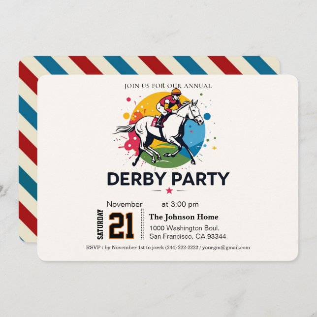 Modern Race Horse Derby Party Equestrian  Einladung (Vorne/Hinten)