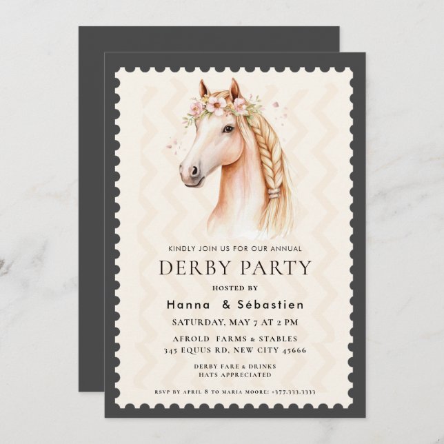 Modern Race Horse Derby Party Equestrian  Einladung (Vorne/Hinten)