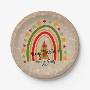 Modern Rainbow Christmas Tartan Tree 20xx Text 7" Pappteller