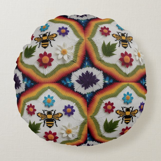 Modern Rainbow Fair Isle Knit Pattern Throw Pillow Rundes Kissen (Vorderseite)