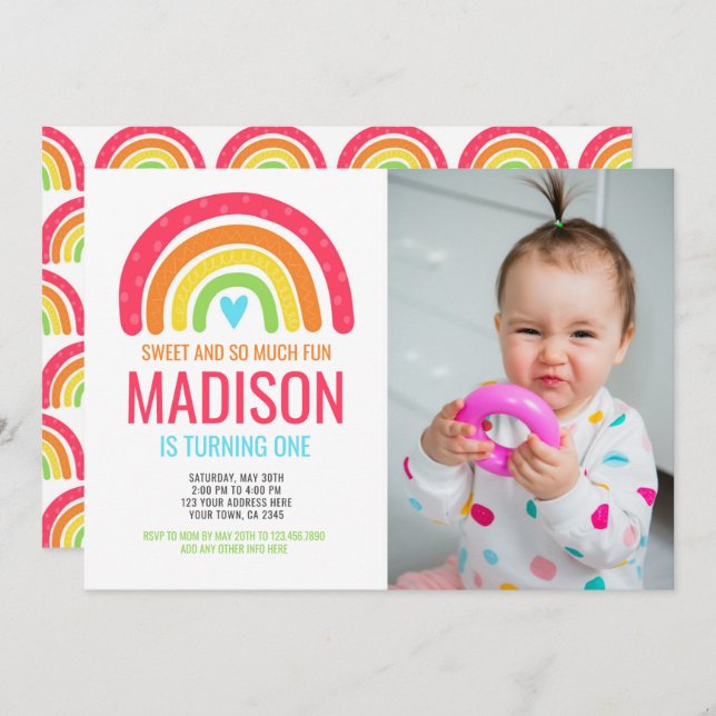 Modern Rainbow First Birthday Einladung (Vorne/Hinten)