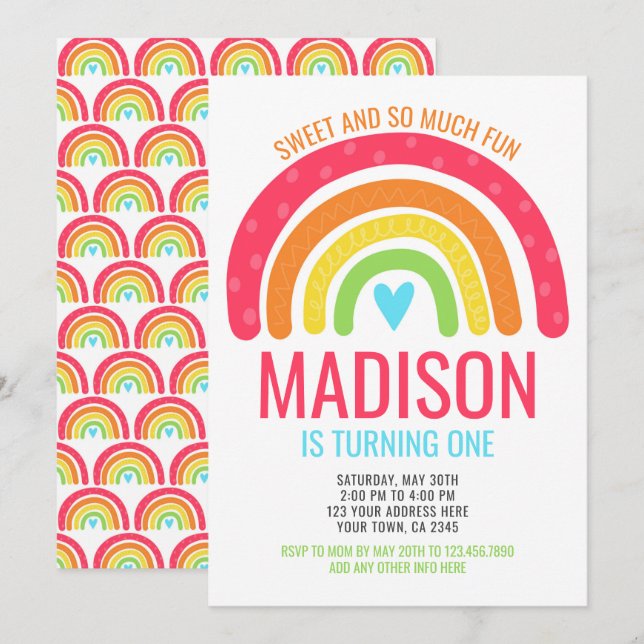 Modern Rainbow First Birthday Einladung (Vorne/Hinten)