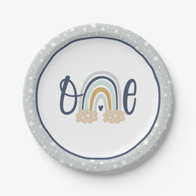 Modern Rainbow First Birthday Plate - Boy LB Pappteller (Vorderseite)